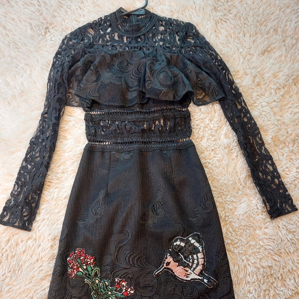 PatBo Beaded Embroidered, Long Sleeve, Lace Dress, Midi, Black dress, Size 4